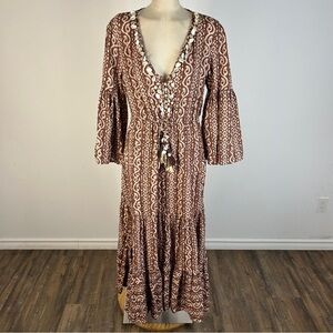 ❤️ Zara Bohemian Patterned Brown Long Sleeve Dress L